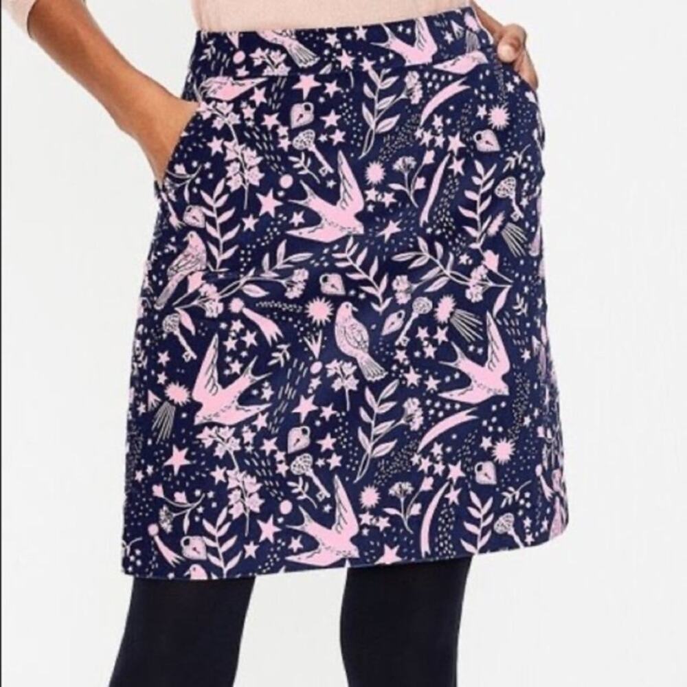 Boden Mimi Navy Pink Bird Print Velvet Skirt Size US 8